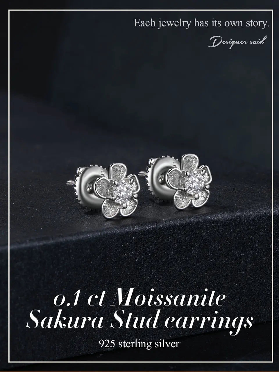 Moissanite 925 Sterling Silver Sakura Stud Earrings VVS1 Screw Back BandsCo Straps