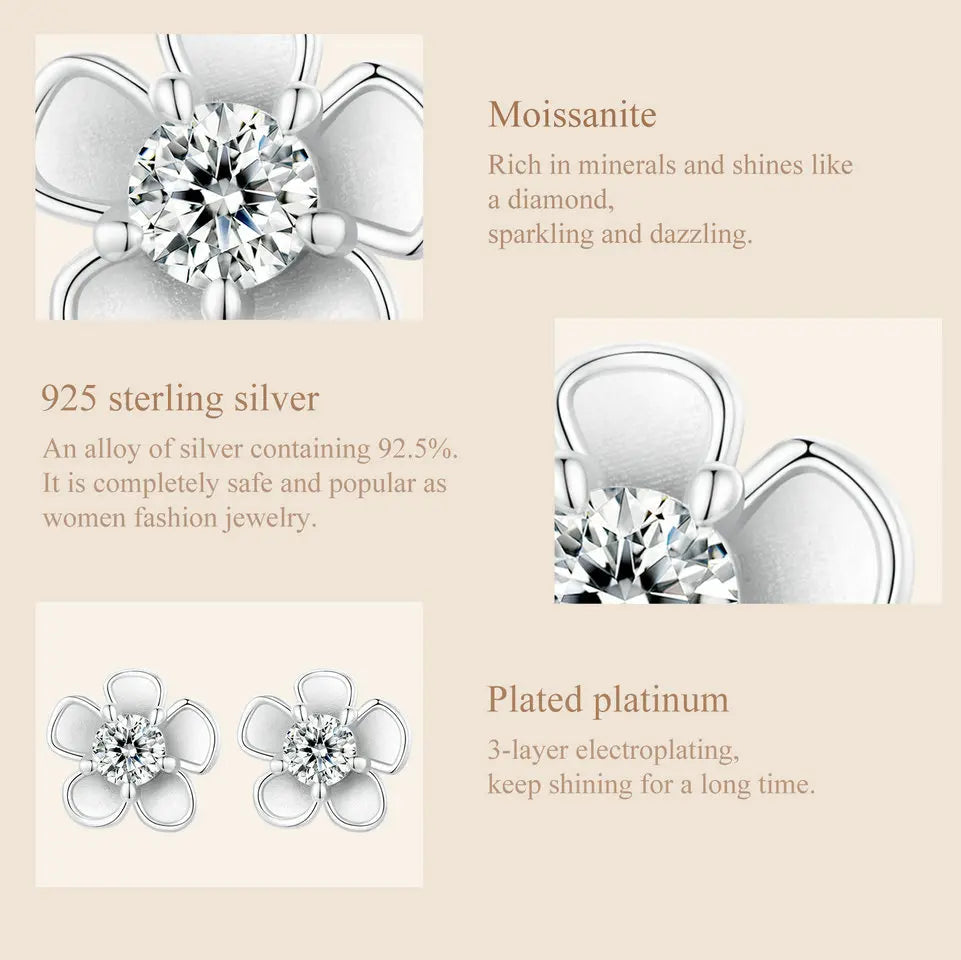 Moissanite 925 Sterling Silver Sakura Stud Earrings VVS1 Screw Back BandsCo Straps