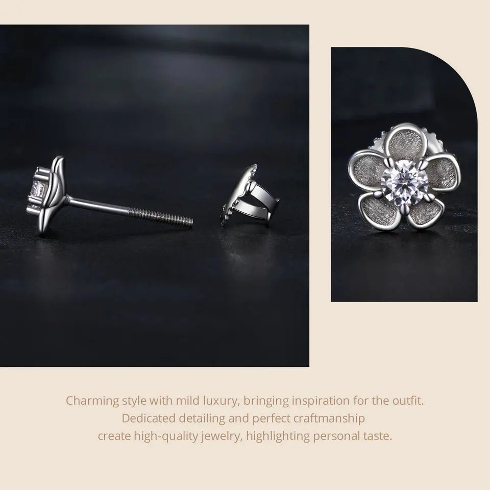 Moissanite 925 Sterling Silver Sakura Stud Earrings VVS1 Screw Back BandsCo Straps