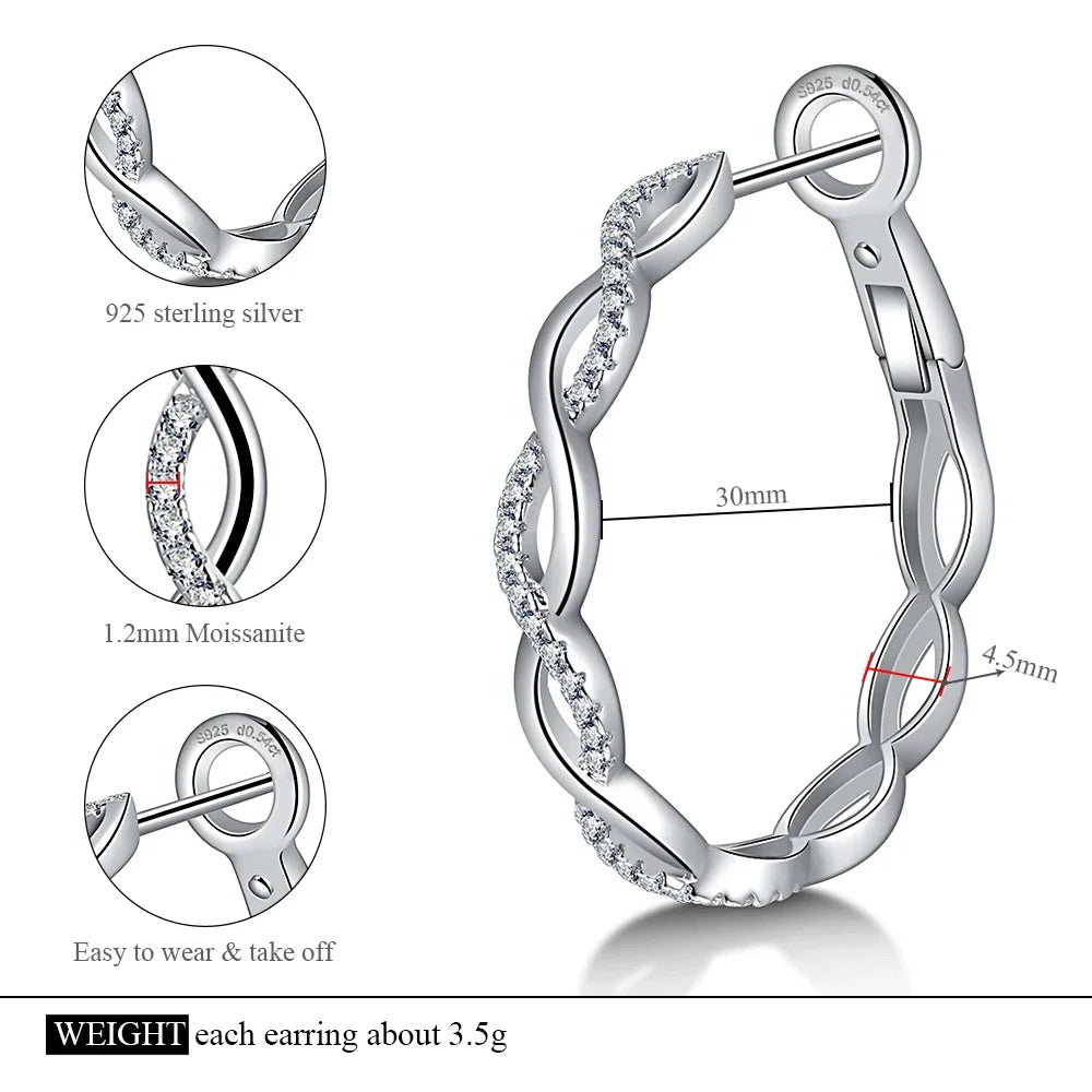 Moissanite 925 Sterling Silver Twisted Infinity Hoop Stud Earrings For Women BandsCo Straps