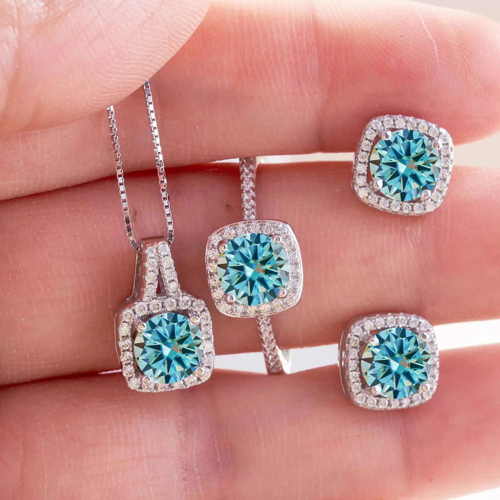 Moissanite D Color Round Cut 925 Sterling Silver Pendant Necklace and Studs Set BandsCo Straps