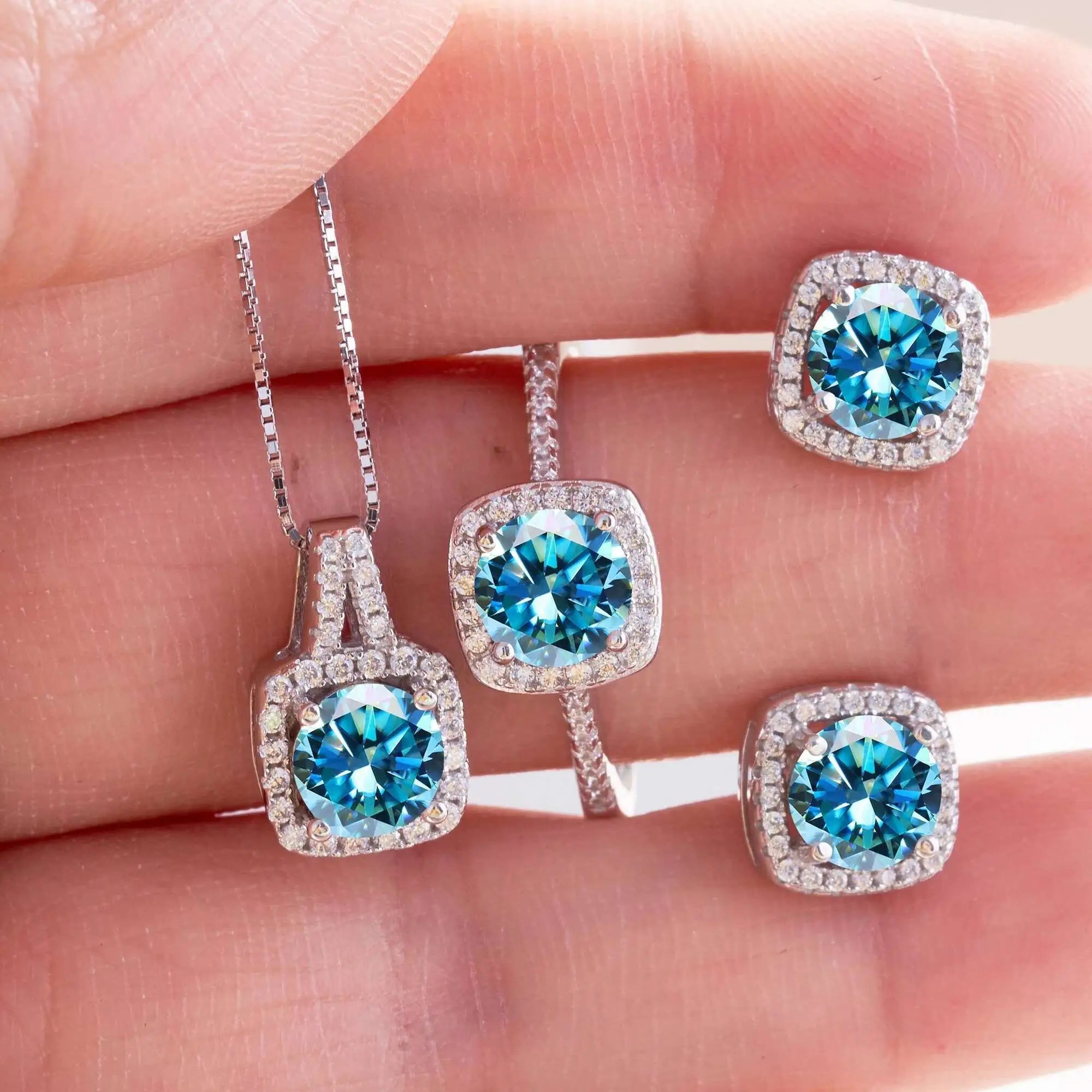 Moissanite D Color Round Cut 925 Sterling Silver Pendant Necklace and Studs Set BandsCo Straps