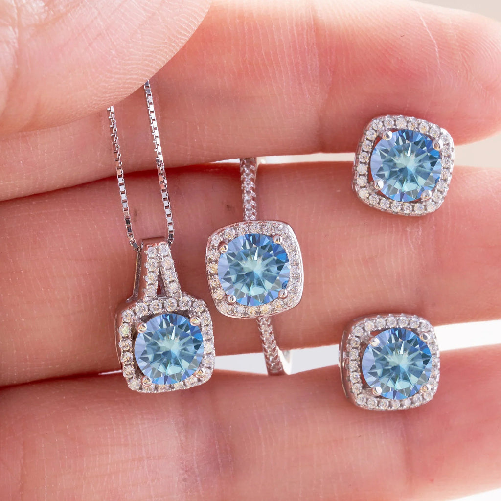 Moissanite D Color Round Cut 925 Sterling Silver Pendant Necklace and Studs Set BandsCo Straps