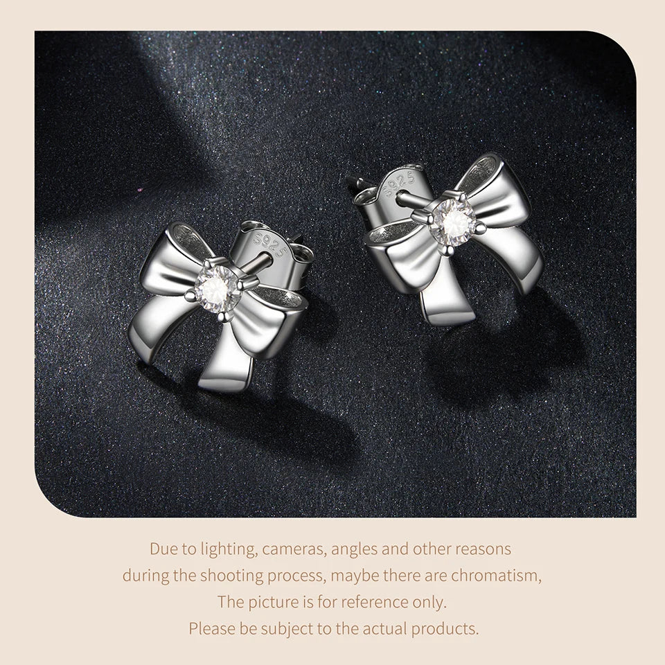 Moissanite Bowknot Stud Earrings S925 Silver Clip-On Wedding Engagement Gift BandsCo Straps