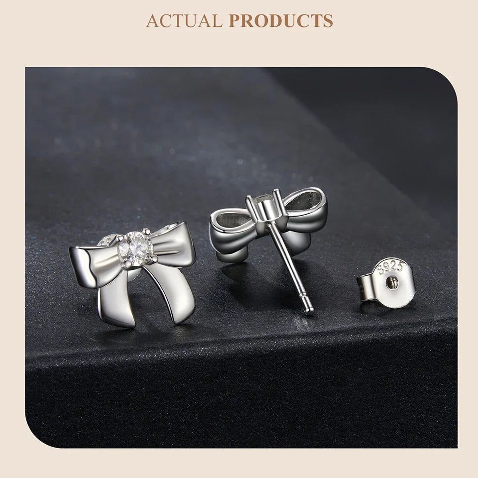 Moissanite Bowknot Stud Earrings S925 Silver Clip-On Wedding Engagement Gift BandsCo Straps