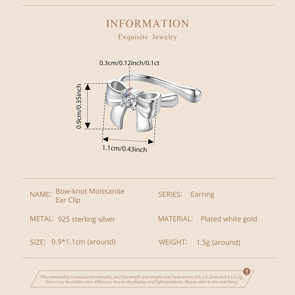 Moissanite Bowknot Stud Earrings S925 Silver Clip-On Wedding Engagement Gift BandsCo Straps