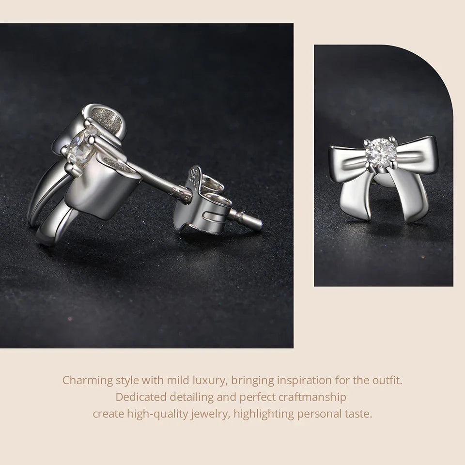 Moissanite Bowknot Stud Earrings S925 Silver Clip-On Wedding Engagement Gift BandsCo Straps
