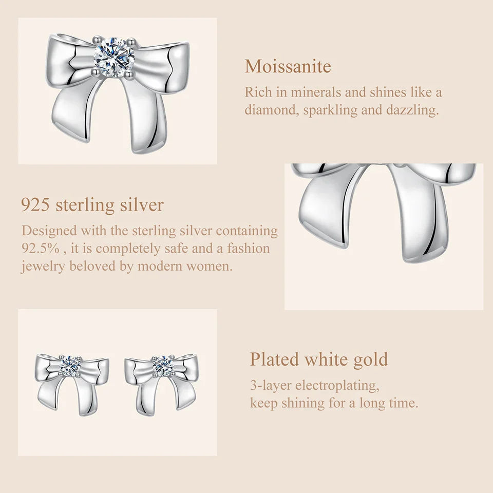 Moissanite Bowknot Stud Earrings S925 Silver Clip-On Wedding Engagement Gift BandsCo Straps