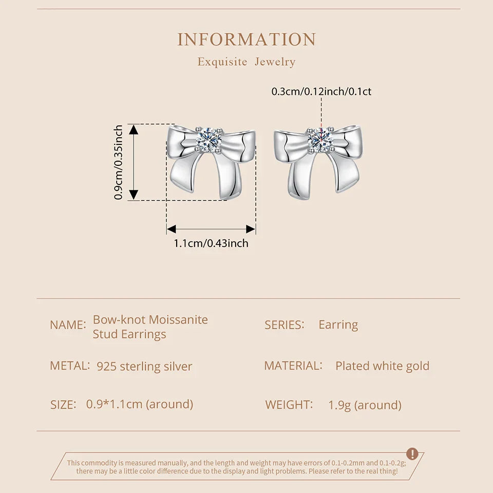 Moissanite Bowknot Stud Earrings S925 Silver Clip-On Wedding Engagement Gift BandsCo Straps