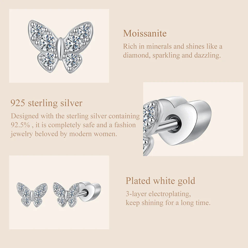 Moissanite Butterfly Clover Stud Earrings 925 Silver Diamond Cut Wedding Gift BandsCo Straps