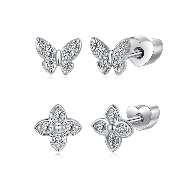 Moissanite Butterfly Clover Stud Earrings 925 Silver Diamond Cut Wedding Gift BandsCo Straps