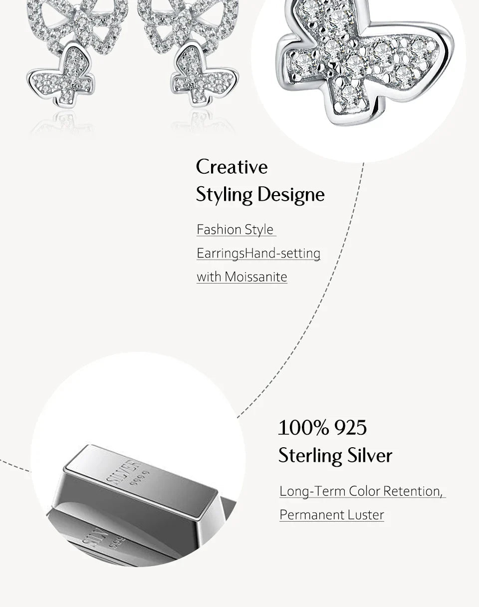 Moissanite Butterfly Stud Earrings 925 Sterling Silver Sparkle Wedding Jewelry BandsCo Straps