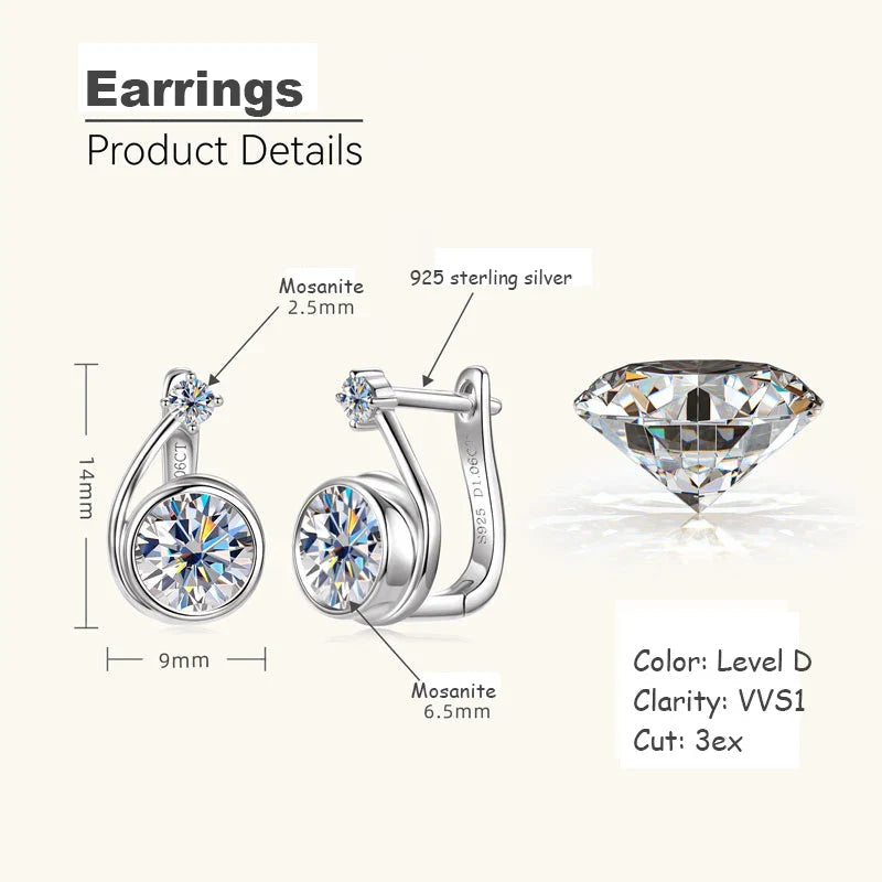 Moissanite Clip Hoop Earrings 925 Sterling Silver D-Color White Round Cut BandsCo Straps