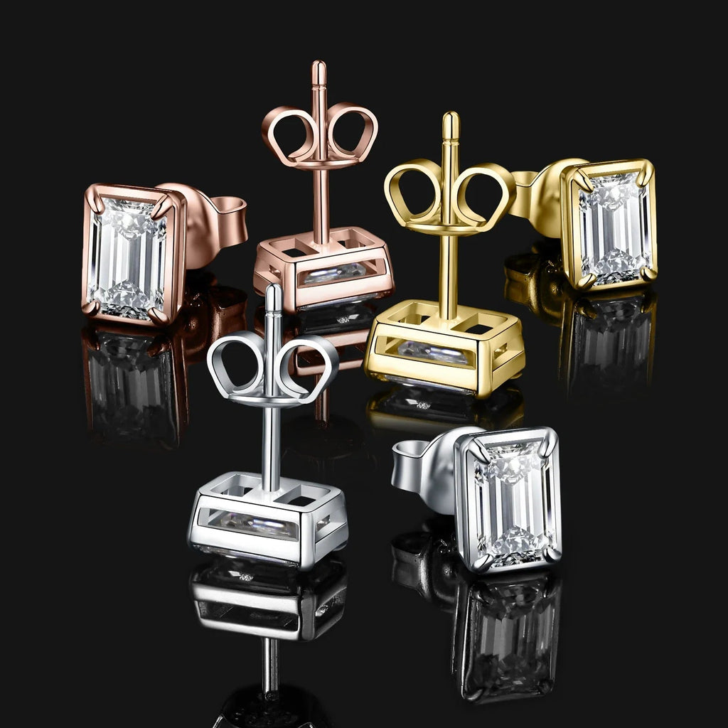 Moissanite D Color 1.6ct Pair Emerald Cut 925 Sterling Silver Stud Earrings BandsCo Straps
