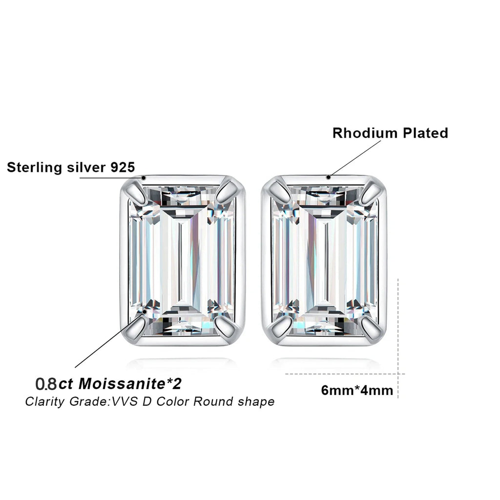 Moissanite D Color 1.6ct Pair Emerald Cut 925 Sterling Silver Stud Earrings BandsCo Straps