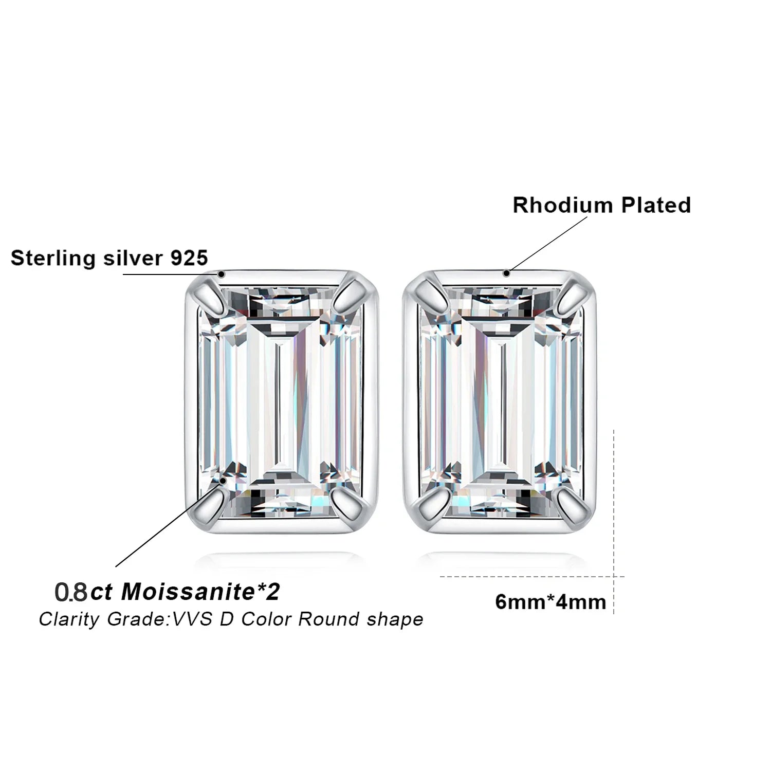 Moissanite D Color 1.6ct Pair Emerald Cut 925 Sterling Silver Stud Earrings BandsCo Straps