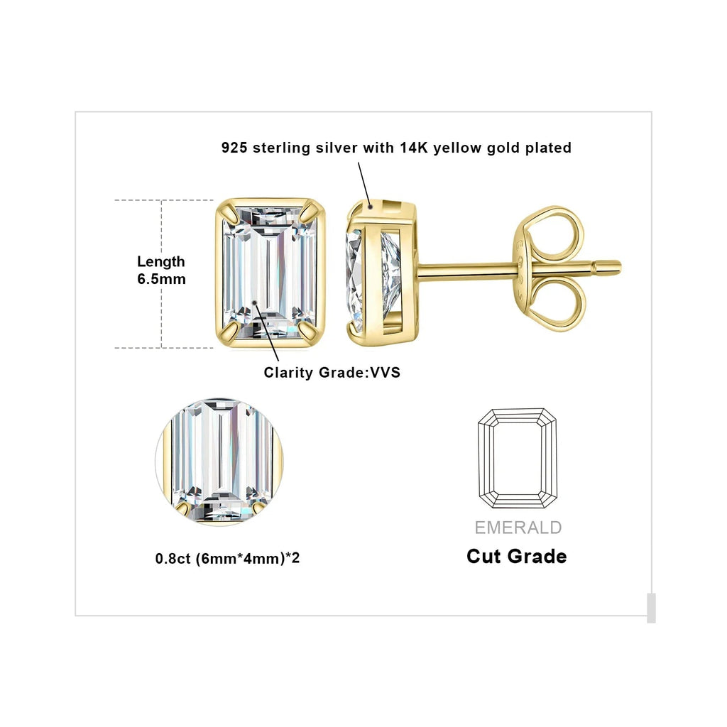 Moissanite D Color 1.6ct Pair Emerald Cut 925 Sterling Silver Stud Earrings BandsCo Straps
