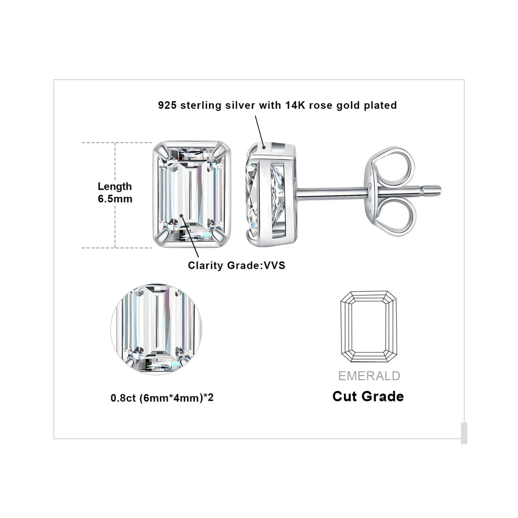 Moissanite D Color 1.6ct Pair Emerald Cut 925 Sterling Silver Stud Earrings BandsCo Straps