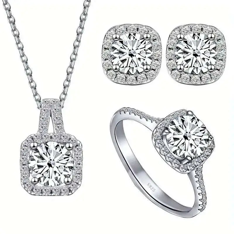 Moissanite D Color Round Cut 925 Sterling Silver Pendant Necklace and Studs Set BandsCo Straps