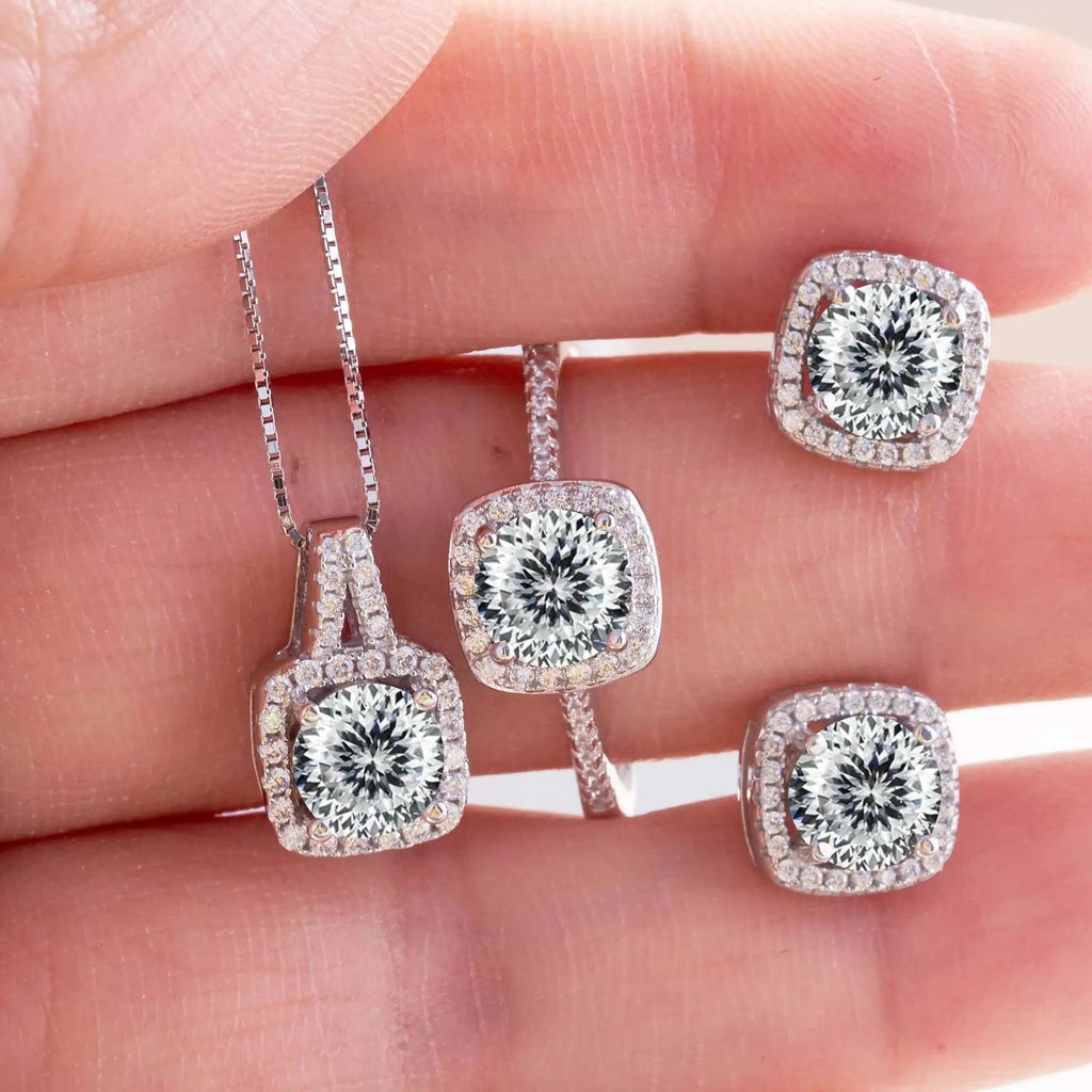 Moissanite D Color Round Cut 925 Sterling Silver Pendant Necklace and Studs Set BandsCo Straps