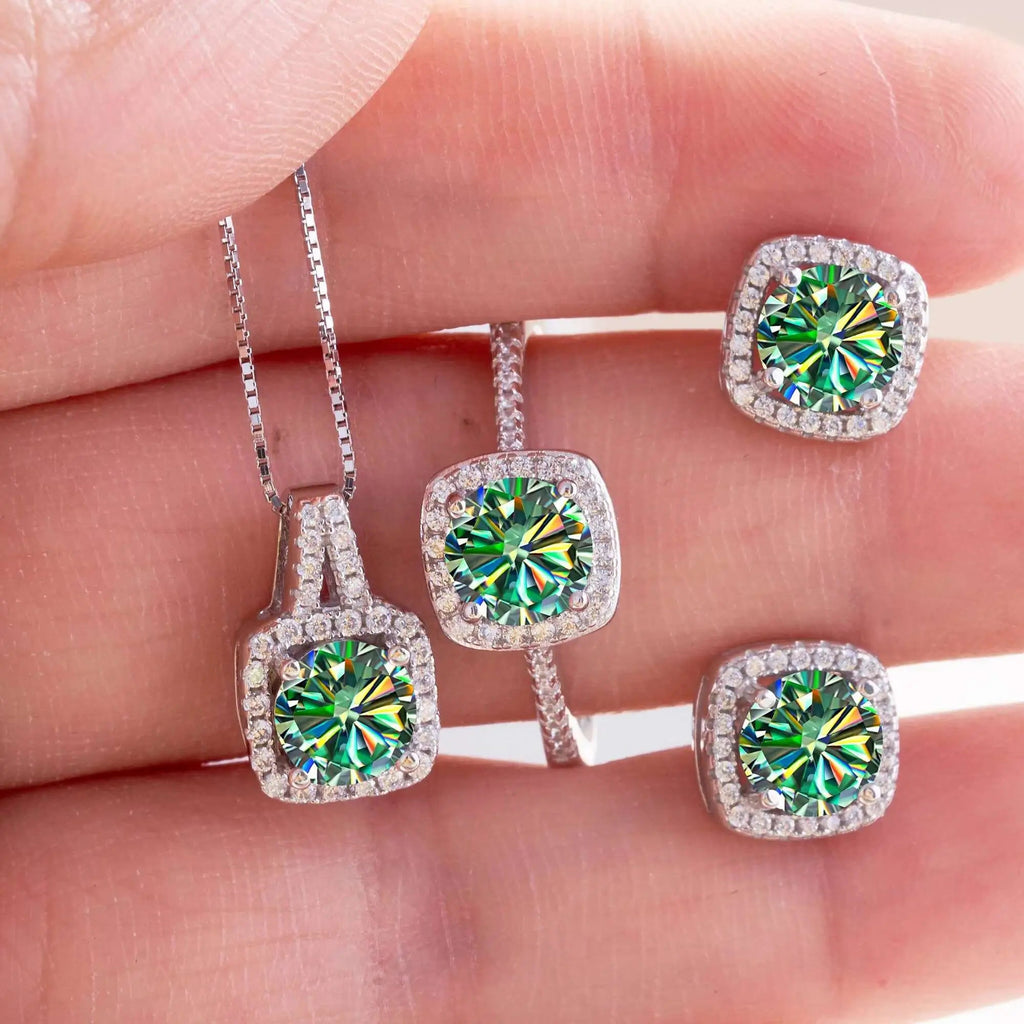 Moissanite D Color Round Cut 925 Sterling Silver Pendant Necklace and Studs Set BandsCo Straps