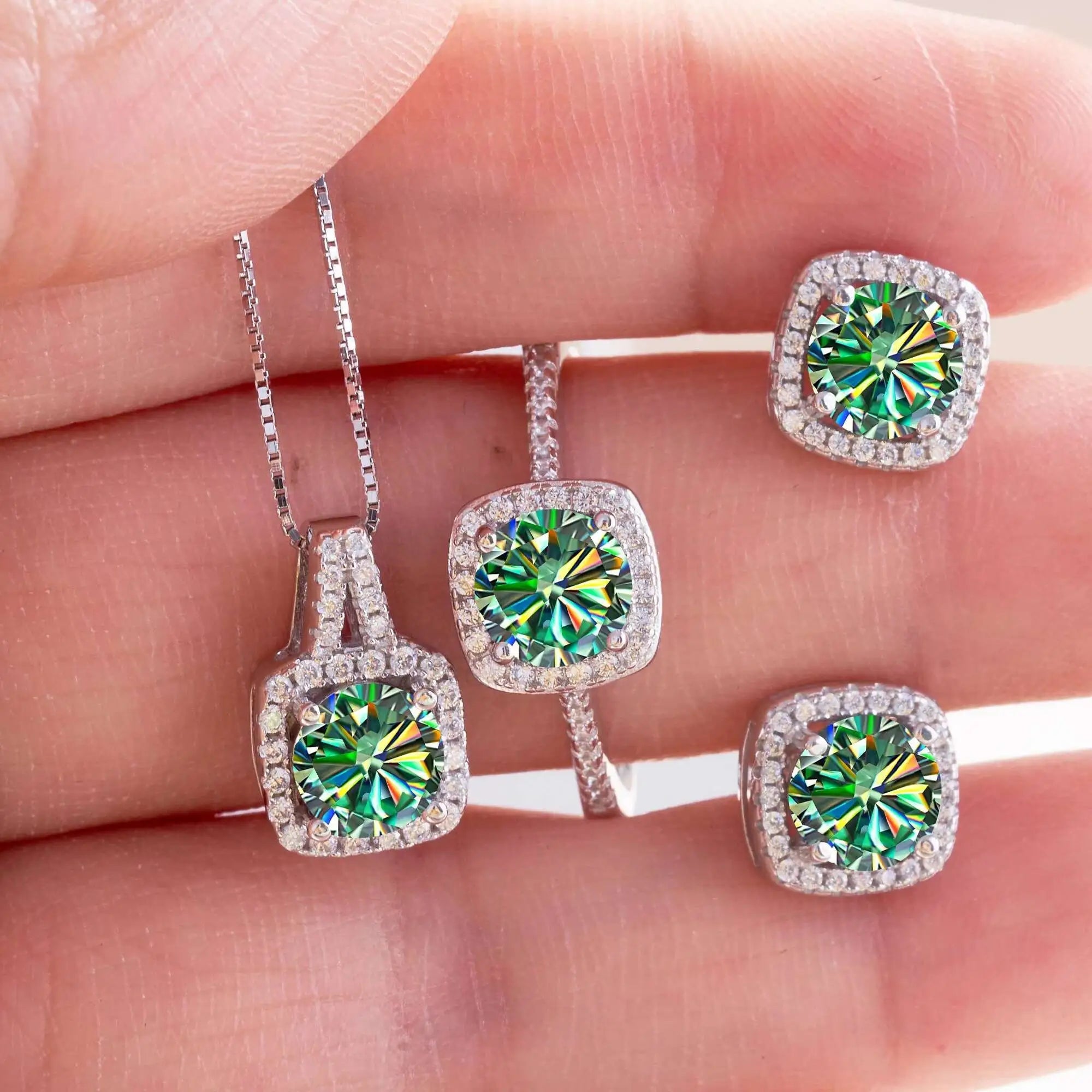 Moissanite D Color Round Cut 925 Sterling Silver Pendant Necklace and Studs Set BandsCo Straps