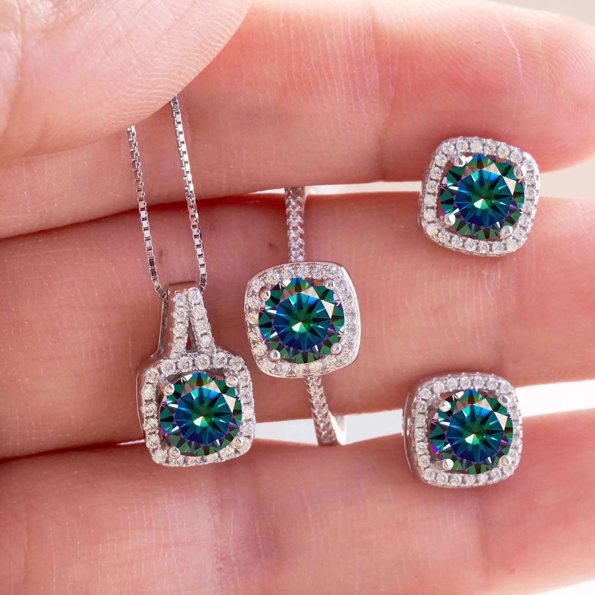 Moissanite D Color Round Cut 925 Sterling Silver Pendant Necklace and Studs Set BandsCo Straps