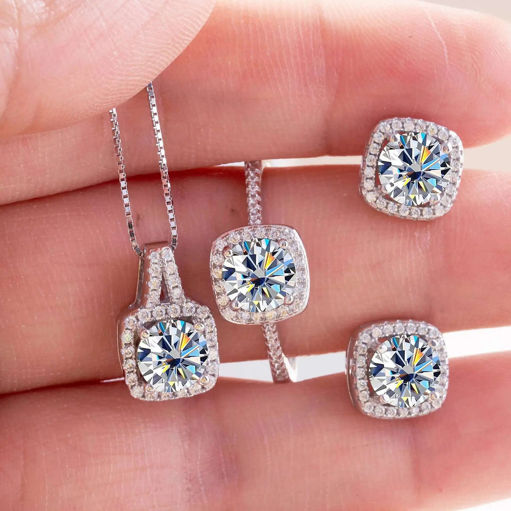 Moissanite D Color Round Cut 925 Sterling Silver Pendant Necklace and Studs Set BandsCo Straps