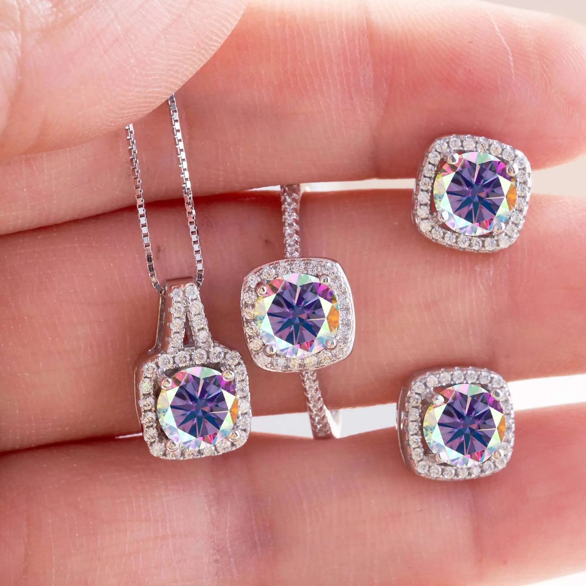 Moissanite D Color Round Cut 925 Sterling Silver Pendant Necklace and Studs Set BandsCo Straps