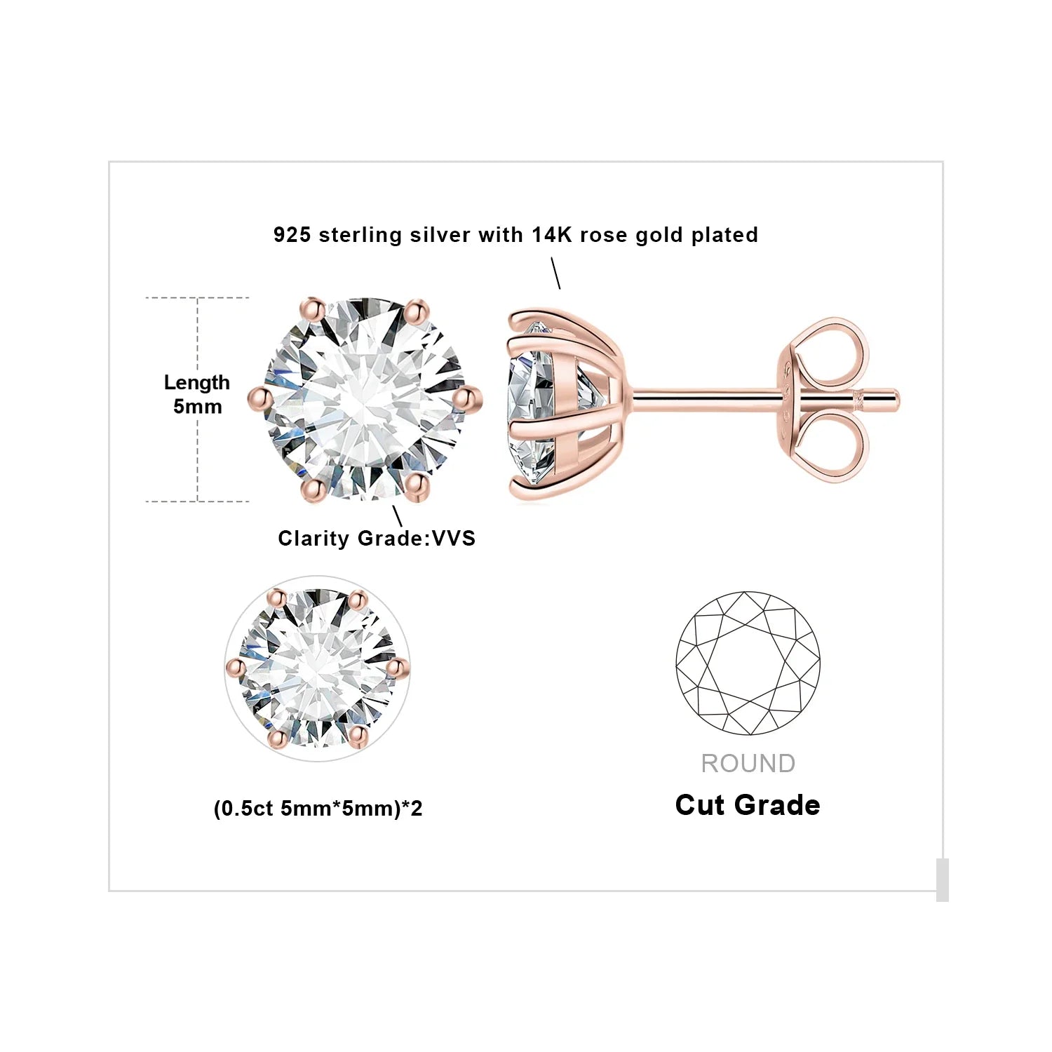 Moissanite D Color Round Solitaire Stud Earrings 0.6-6ct Sterling Silver BandsCo Straps