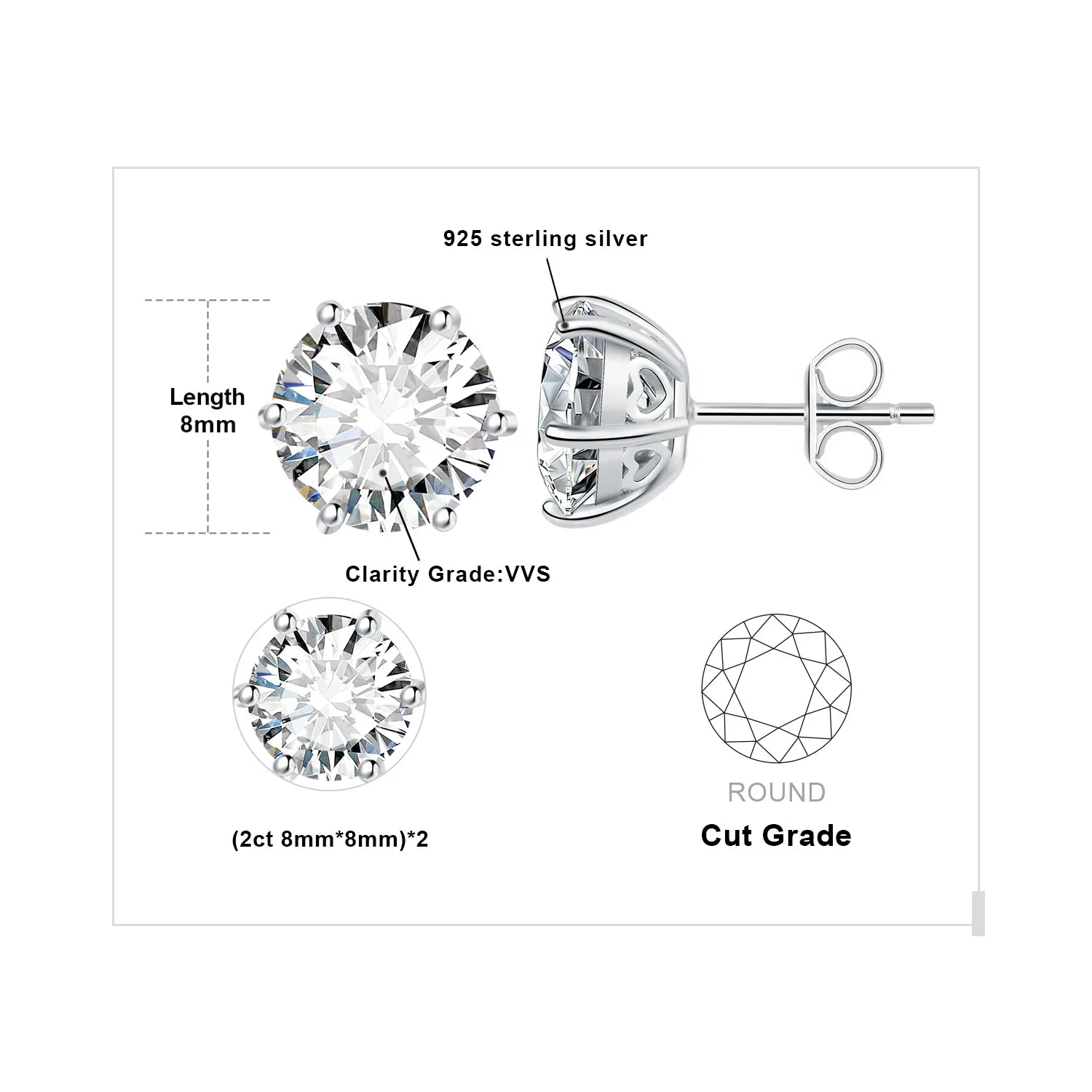 Moissanite D Color Round Solitaire Stud Earrings 0.6-6ct Sterling Silver BandsCo Straps