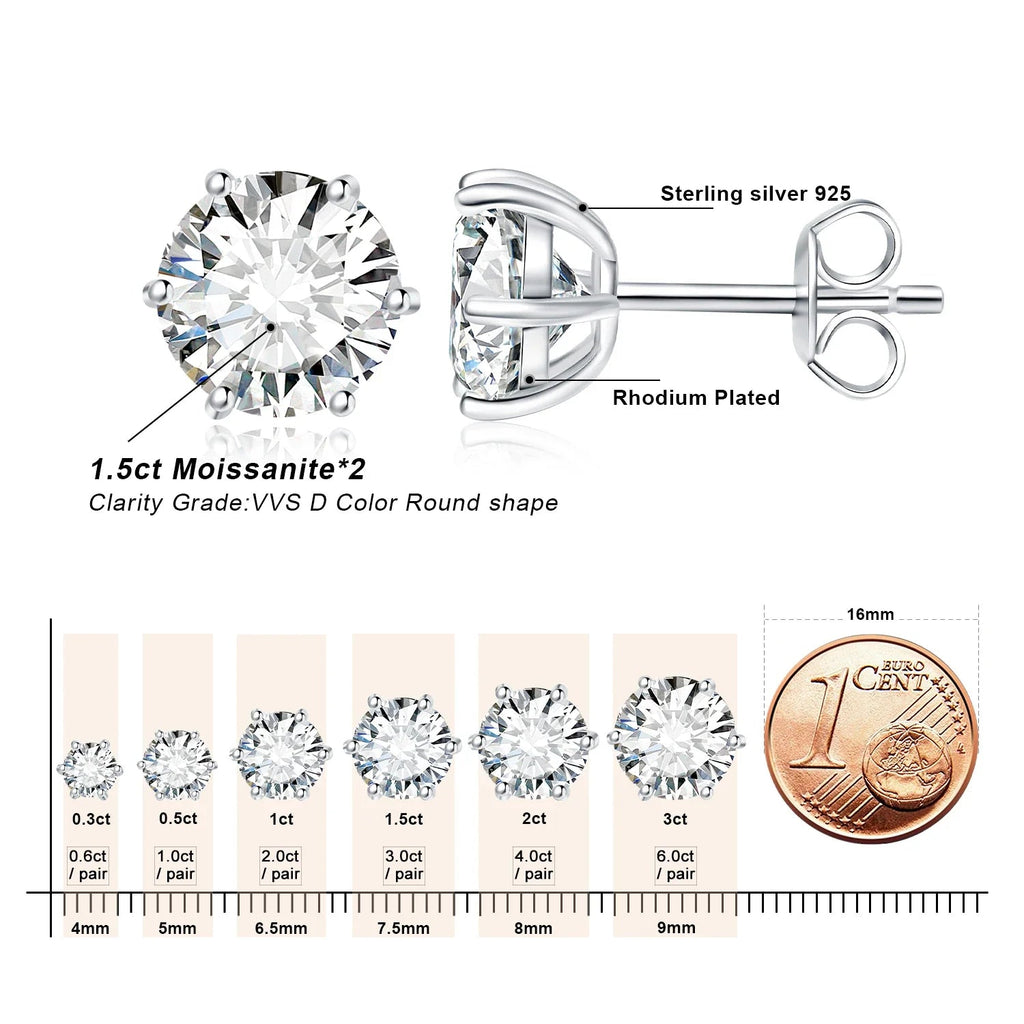 Moissanite D Color Round Solitaire Stud Earrings 0.6-6ct Sterling Silver BandsCo Straps