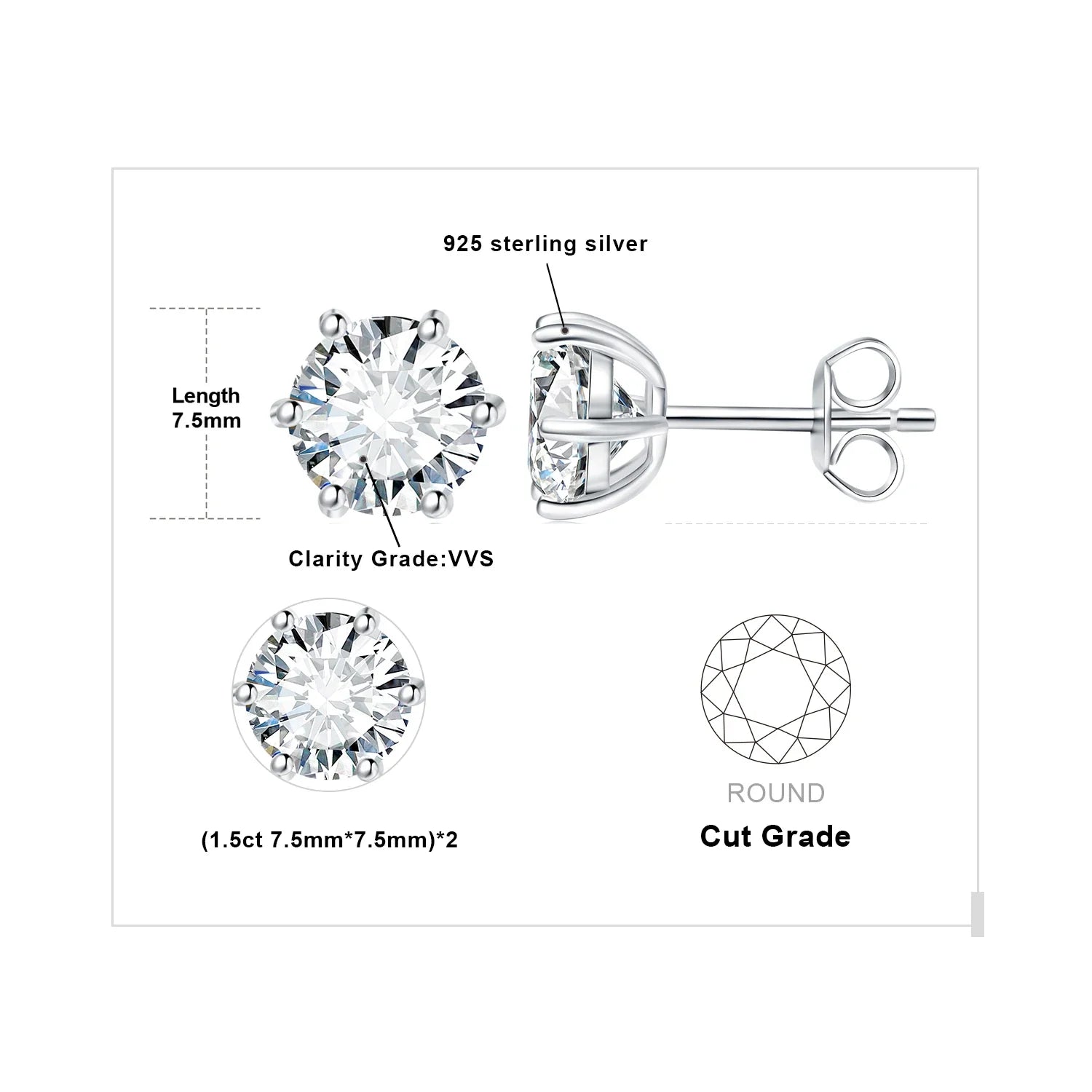 Moissanite D Color Round Solitaire Stud Earrings 0.6-6ct Sterling Silver BandsCo Straps