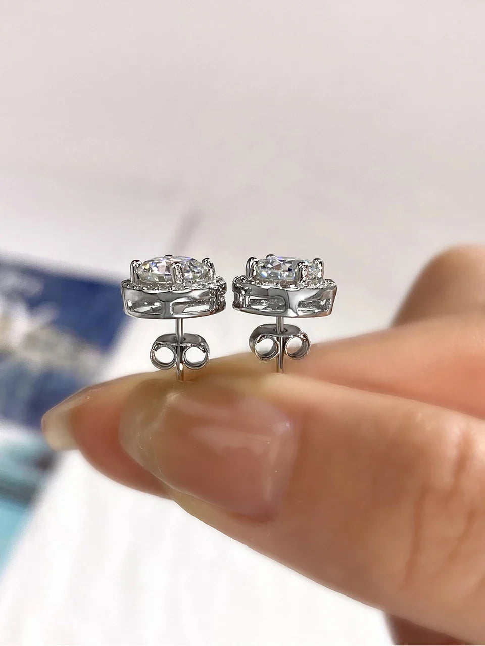Moissanite Diamond Stud Earrings 925 Sterling Silver Round Halo Wedding Jewelry BandsCo Straps