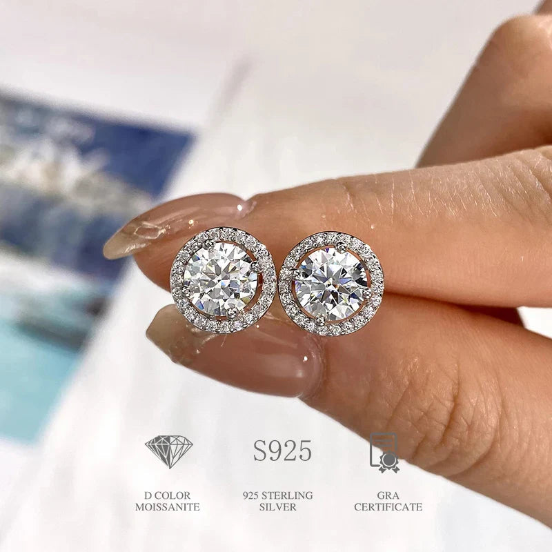 Moissanite Diamond Stud Earrings 925 Sterling Silver Round Halo Wedding Jewelry BandsCo Straps