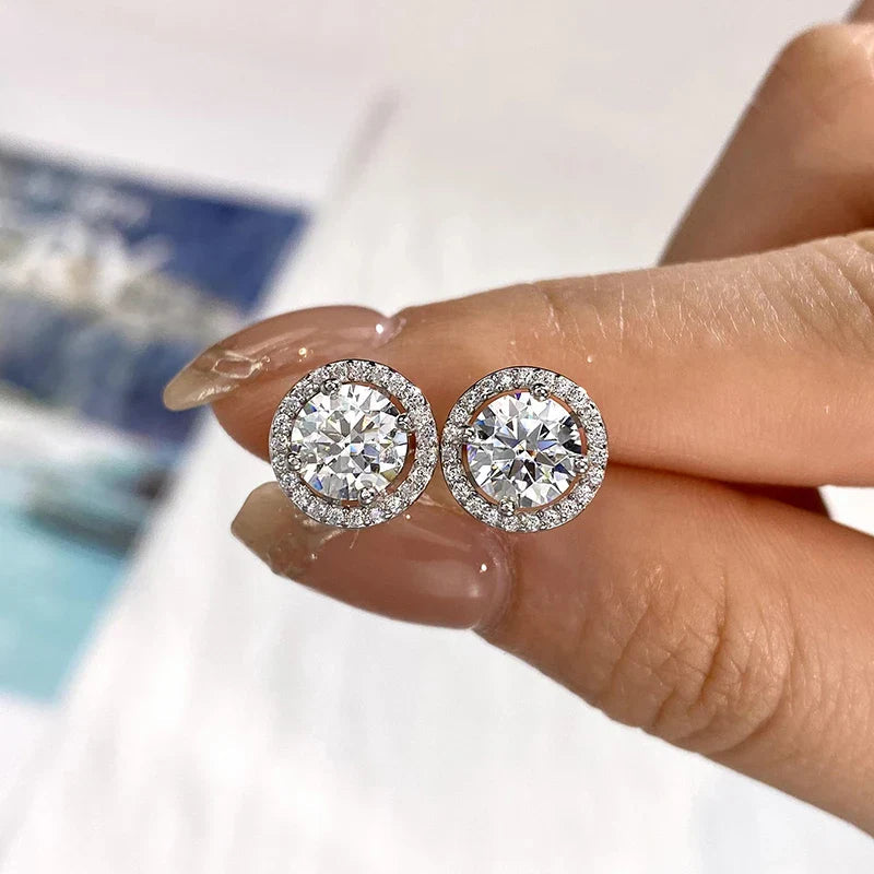 Moissanite Diamond Stud Earrings 925 Sterling Silver Round Halo Wedding Jewelry BandsCo Straps