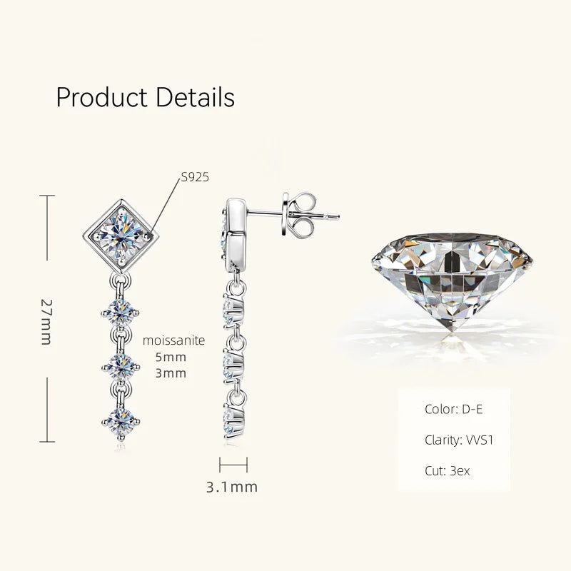 Moissanite Drop Earrings Round D Full Cut Solitaire 925 Sterling Silver BandsCo Straps