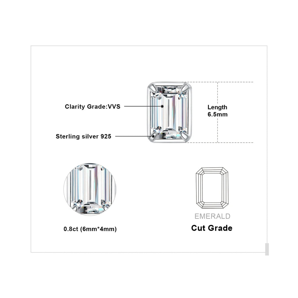 Moissanite D Color 1.6ct Pair Emerald Cut 925 Sterling Silver Stud Earrings BandsCo Straps