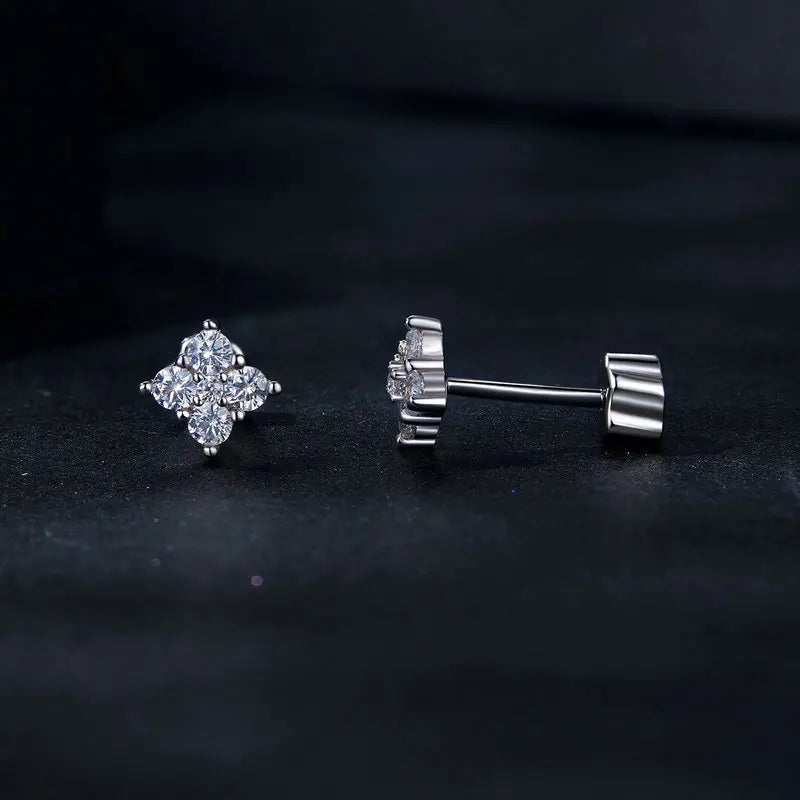 Moissanite Four-Leaf Clover Stud Earrings 925 Silver Screw Back Mom Gift BandsCo Straps