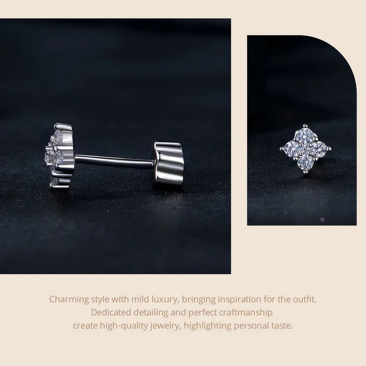 Moissanite Four-Leaf Clover Stud Earrings 925 Silver Screw Back Mom Gift BandsCo Straps