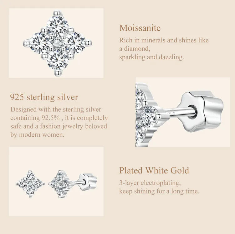 Moissanite Four-Leaf Clover Stud Earrings 925 Silver Screw Back Mom Gift BandsCo Straps