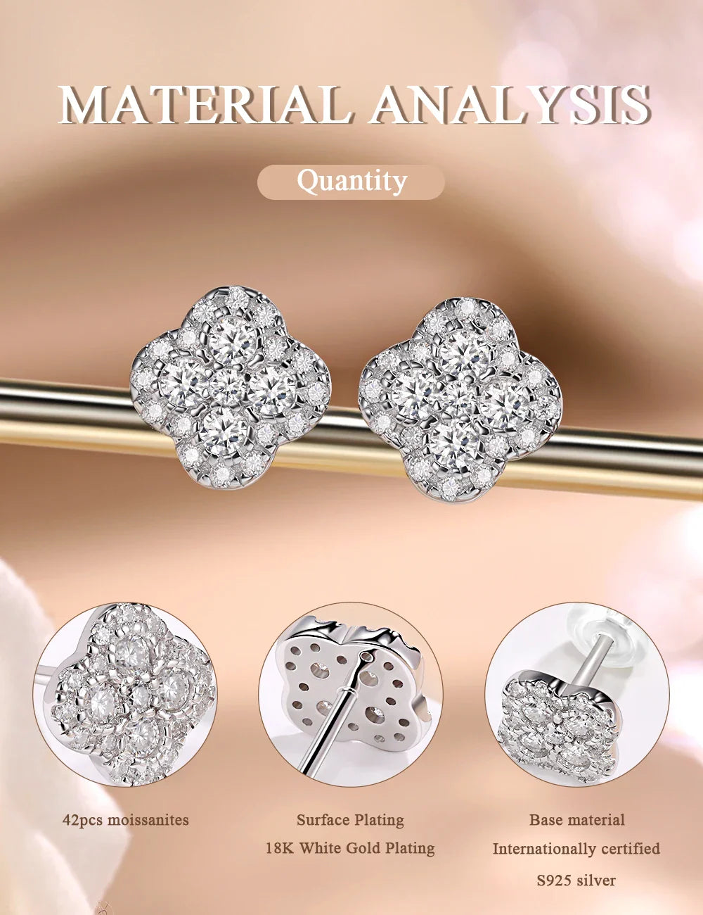 Moissanite Four-Leaf Clover Stud Earrings S925 Sterling Silver Women Gift BandsCo Straps