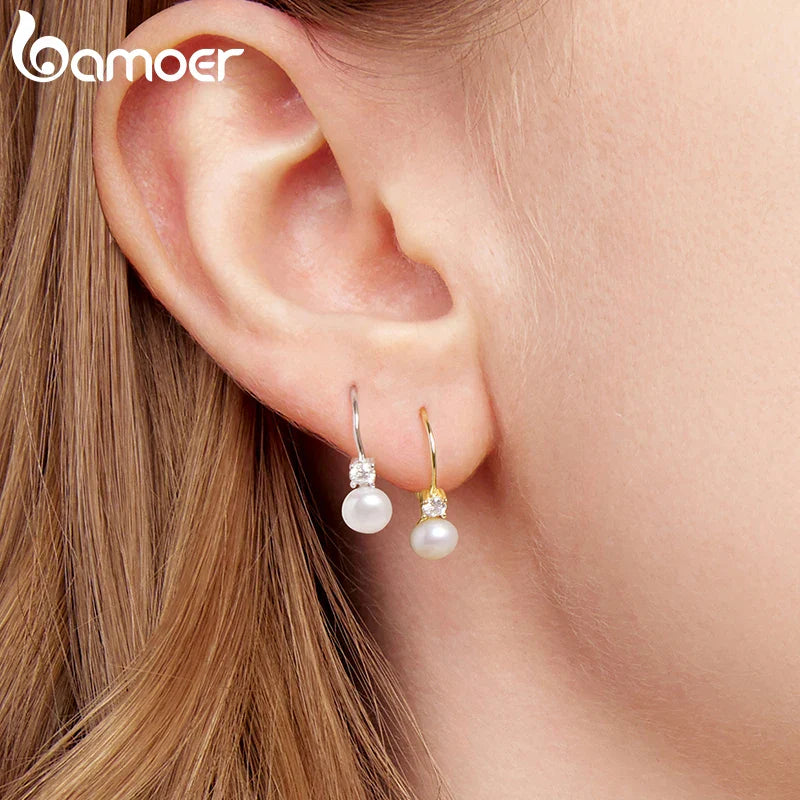 Moissanite Freshwater Pearl Drop Earrings 925 Sterling Silver Round Cut Dangle BandsCo Straps