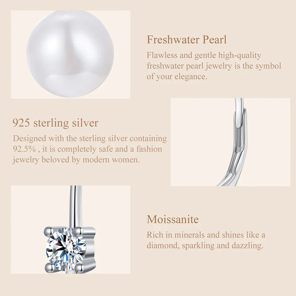 Moissanite Freshwater Pearl Drop Earrings 925 Sterling Silver Round Cut Dangle BandsCo Straps