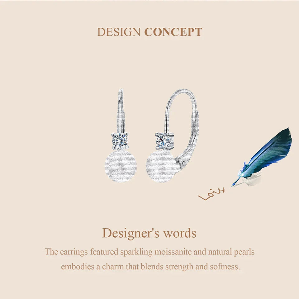 Moissanite Freshwater Pearl Drop Earrings 925 Sterling Silver Round Cut Dangle BandsCo Straps