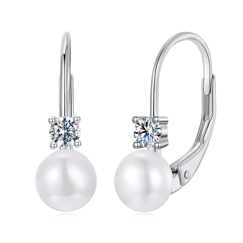 Moissanite Freshwater Pearl Drop Earrings 925 Sterling Silver Round Cut Dangle BandsCo Straps
