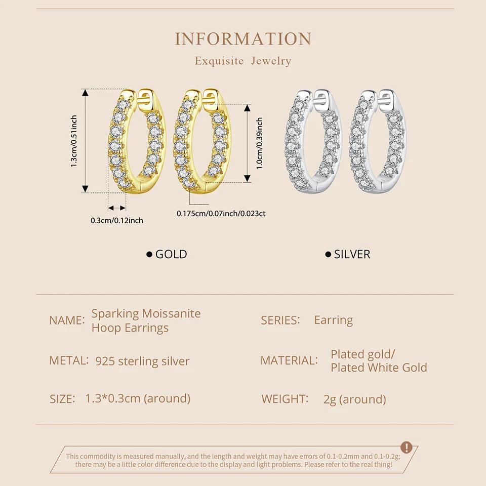 Moissanite Gold Hoop Earrings 925 Sterling Silver D-Color Round Hypoallergenic BandsCo Straps