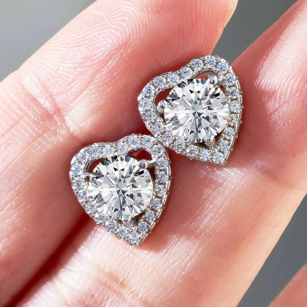 Moissanite 2ctw D Color Heart Stud Earrings 1ct Each 925 Sterling Silver BandsCo Straps