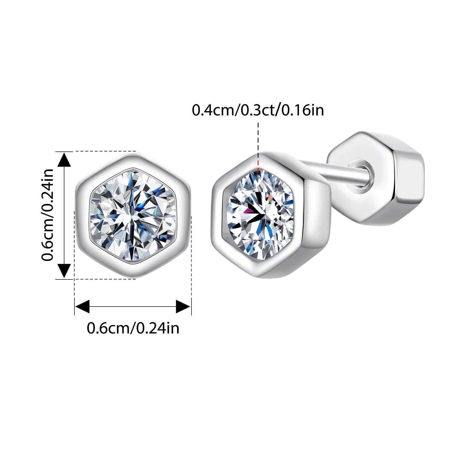 Moissanite Hexagonal Stud Earrings 925 Silver Screw-Back Bezel Gift BandsCo Straps