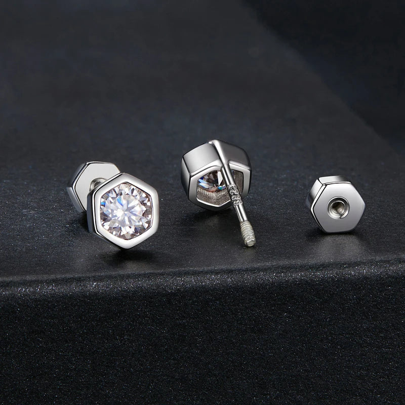 Moissanite Hexagonal Stud Earrings 925 Silver Screw-Back Bezel Gift BandsCo Straps